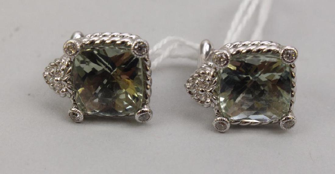 STERLING EARRINGS. JUDITH RIPKA. PRASIOLITE AND CZ: OMEGA BACK POST. 10MM CUSHION CUT PRASIOLITE WITH CHECKERBOARD TOP. ROUND CZ ACCENTS. 8.1GTW.