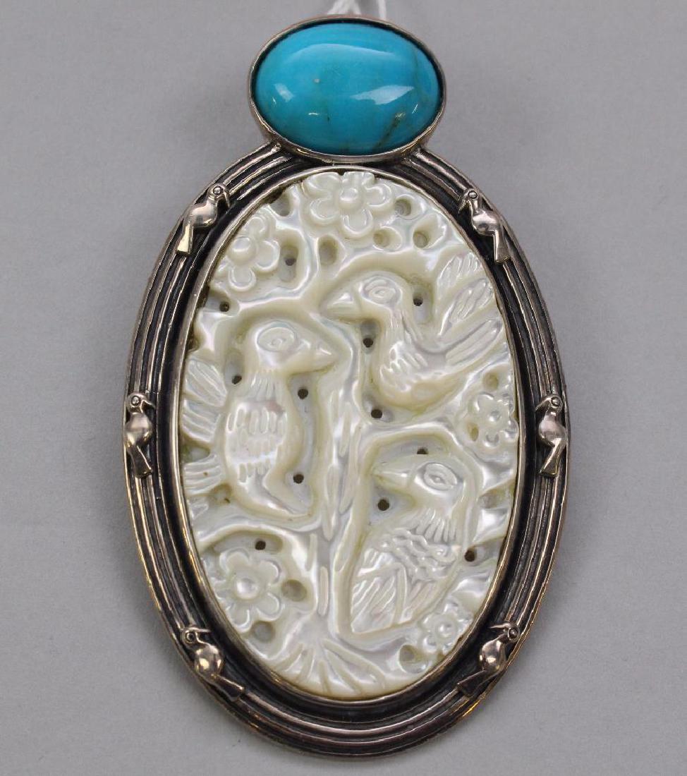 STERLING PIN/PENDANT. MOTHER OF PEARL AND TURQUOISE (1 of 1)