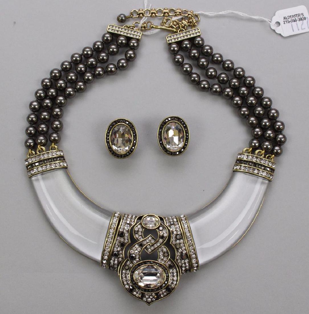 NECKLACE, EARRINGS: HEIDI DAUS. SMOKY GREY. NECKLACE: 15" PLUS 3 1/2" LONG CHAIN. EARRINGS: 1 X 3/4" OVAL WITH OMEGA BACK POSTS.