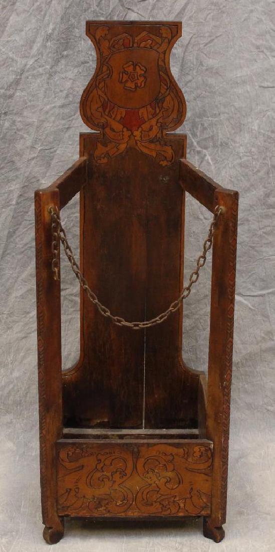 Arts and Crafts Umbrella Stand: Poplar with embossed carved and painted decoration, 36"h x 13"w x 13"d.