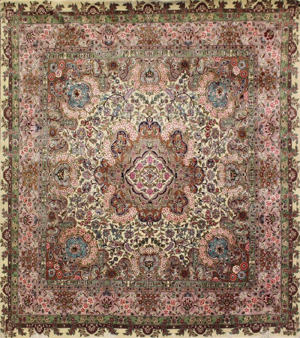 Persian Room Size Rug: Floral central medallion with blue floral spandrels and plush main border, 8'5"w x 8'l. 
