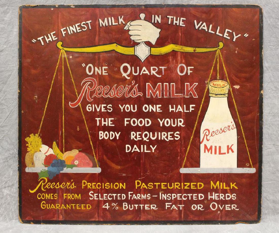 Reeser's Milk Advertisement Sign: Painted on heavy cardboard, 27"h x 37"w. Drill holes are present within the piece.
