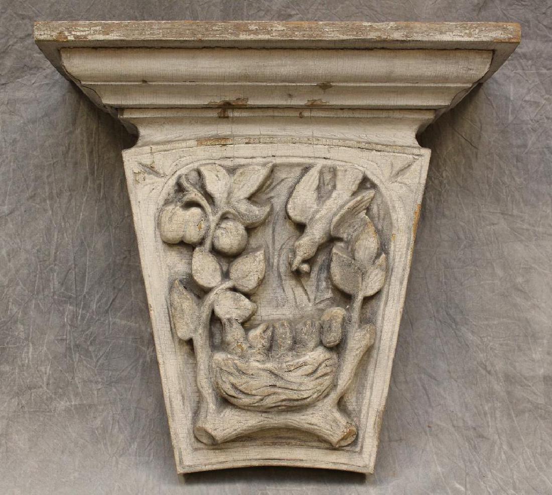 Architectural Keystone Arch: Aviary and fruit carved, white painted with a tapered molded cornice, 18"h x 18"w.