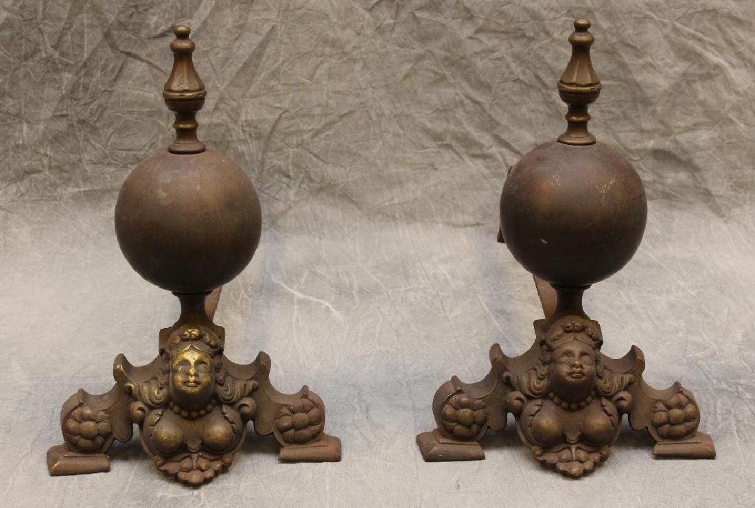 (2) Pair of Ornate Andirons: Brass female and floral decoration, 11"h x 16"d.