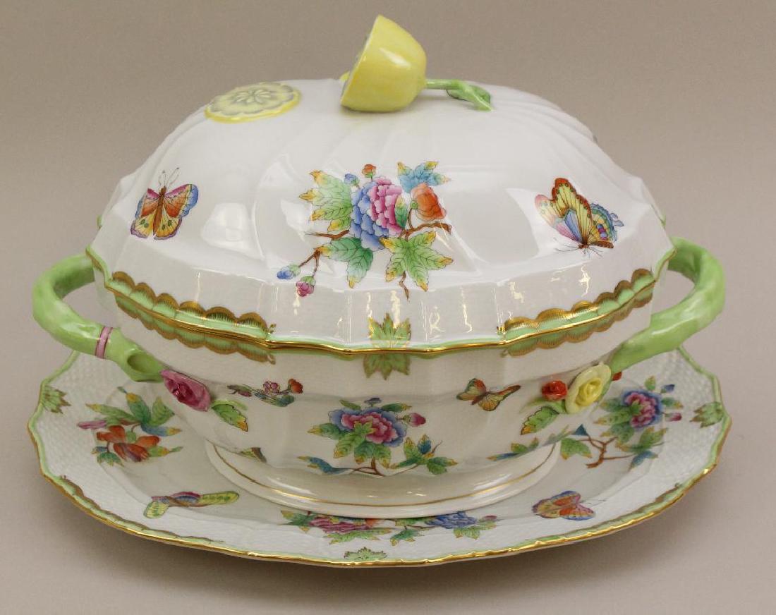 Herend Porcelain Tureen, Cover and Undertray: Hand painted with relief lemon handle and flowers, 6.5"h x 12"w.