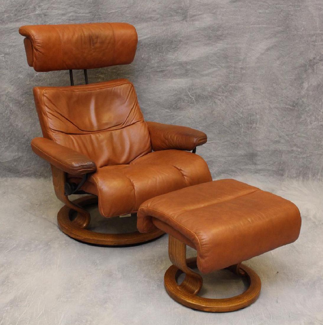 J.E. Ekornes Mid Century Modern Recliner: Brown Leather with adjustable neck and circular wood base, 37"h x 33"w x 20"d, with ottoman, 21"w. Staining to the leather.