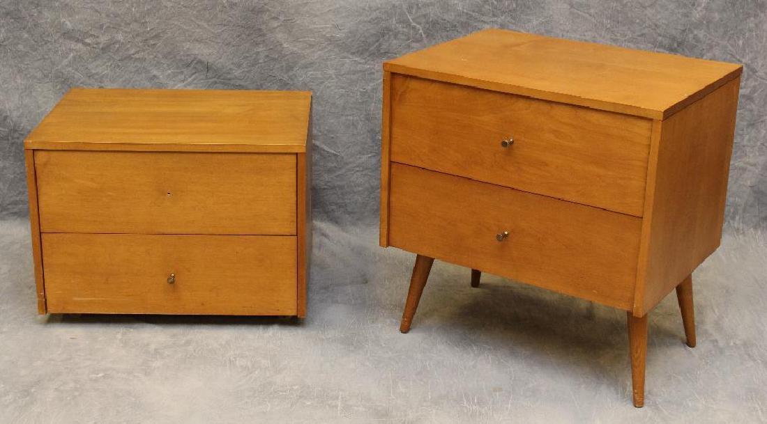 (2) Pair of Paul McCobb Planner Group Nightstands: Designed for Winchendon, maple with two drawers, (1) having tapped legs 25"h x 24"w x 18"d, and (1) having wheels and one pull missing 18"h x 24"w x 18"d.