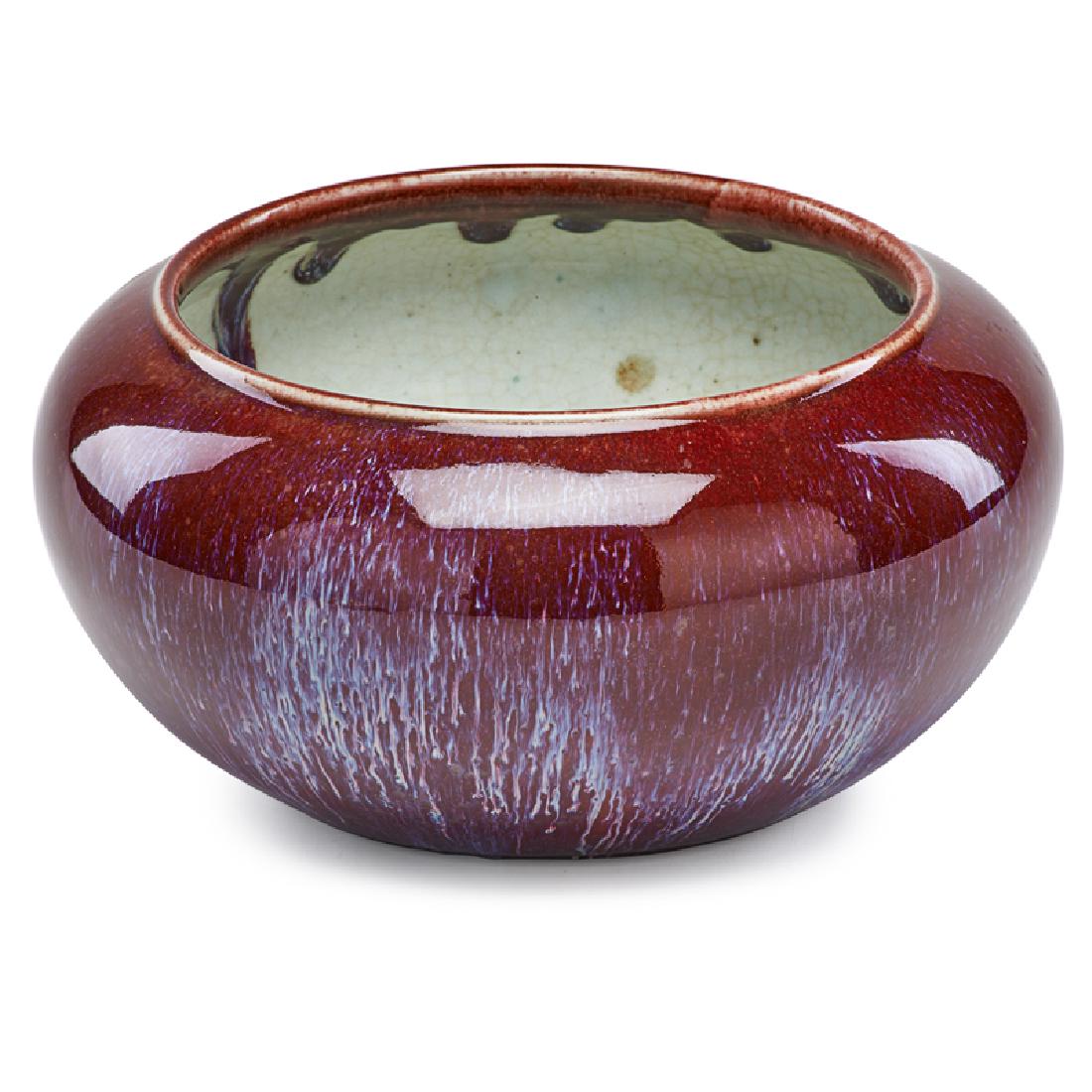 CHINESE FLAMBE CENSER: Glazed with deep red coloring with blue, pink, and white streaks, China 5" x 10" dia.