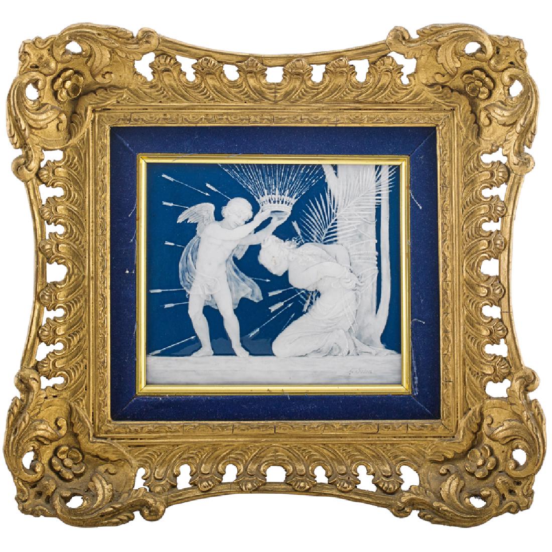 MINTONS LOUIS SOLON PATE-SUR-PATE BLUE-GROUND: Finely painted and hand-tooled in white slip with a supplicant bound maiden kneeling beside a palm frond, attended by Cupid raising a coronet as arrows threaten and pierce her heart, England, ca. 1873