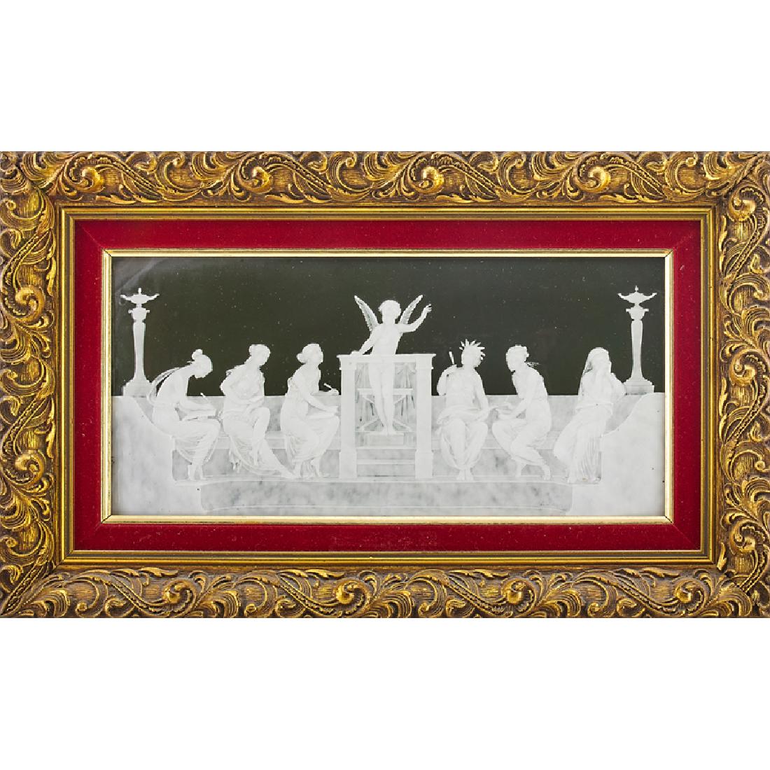 MINTONS LOUIS SOLON PATE-SUR-PATE DARK OLIVE-GREEN: Finely painted and hand-tooled in white slip with Cupid orating from a raised dais as six seated classical maidens intently scribe his lesson or woefully attend, England, late 19th c. Signed "L. Solon
