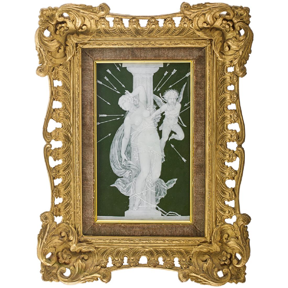 MINTONS LOUIS SOLON PATE-SUR-PATE OLIVE-GREEN: Finely painted and hand-tooled in white slip with a diaphanously draped maiden swooning while bound to a column, attended by Cupid wielding his bow and raining arrows at her heart, England, ca. 1890 S