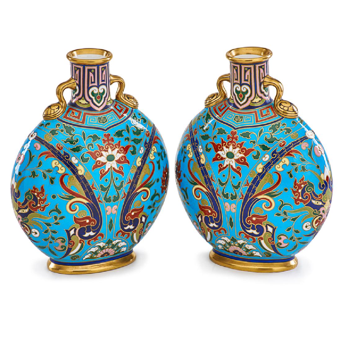 PAIR OF CHRISTOPHER DRESSER FOR MINTONS MOON FLASKS: Decorated in faux cloisonne Japanesque design, England, ca. 1880 Impressed "MINTON" on foot rim Each: 10 1/2" x 8 1/2"