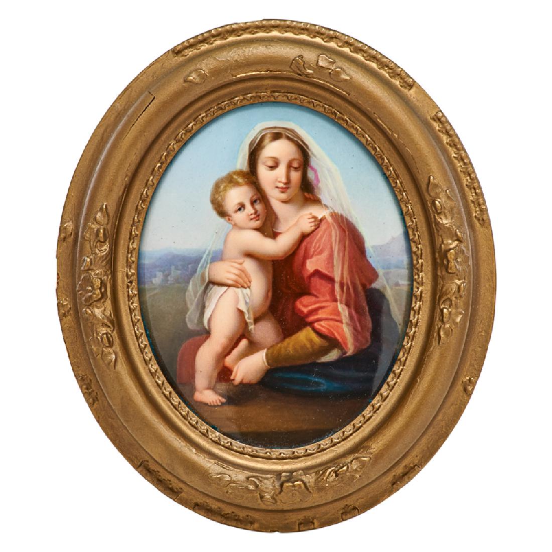KPM PORCELAIN PLAQUE: Painted scene of Madonna and child, Germany, 19th c. Marked Plaque: 7" x 5 1/4"