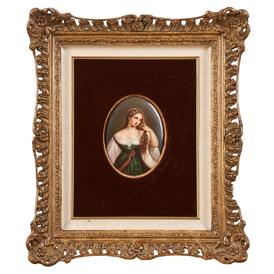 KPM PORCELAIN PLAQUE: Oval plaque depicting a young lady in a green and white dress, Germany, late 19th c. Marked 6 3/4" x 5"
