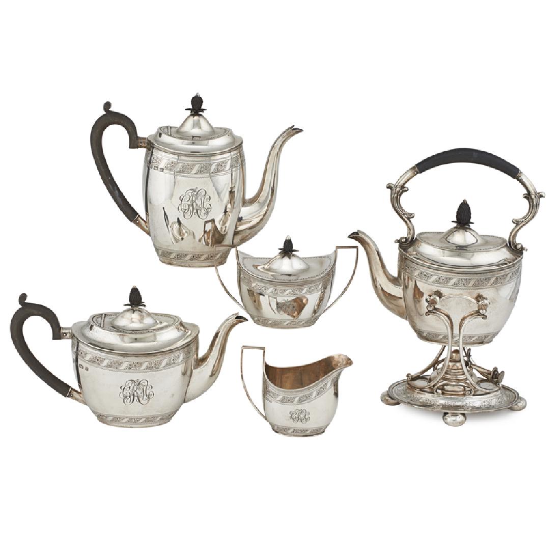 GEORGE V SILVER TEA SET: Five: Water kettle on stand, coffee pot, tea pot, creamer, and covered sugar, Birmingham, England, 1924/26 Marked Largest: 13" x 8 3/4" 100.9 OT