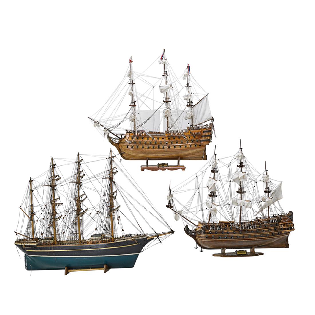 GROUP OF SHIP MODELS: Three: Includes HMS Victory and HMS Furieux, each three-masted and with fitted wooden bases HMS Victory: 36" x 36 3/4" x 7"