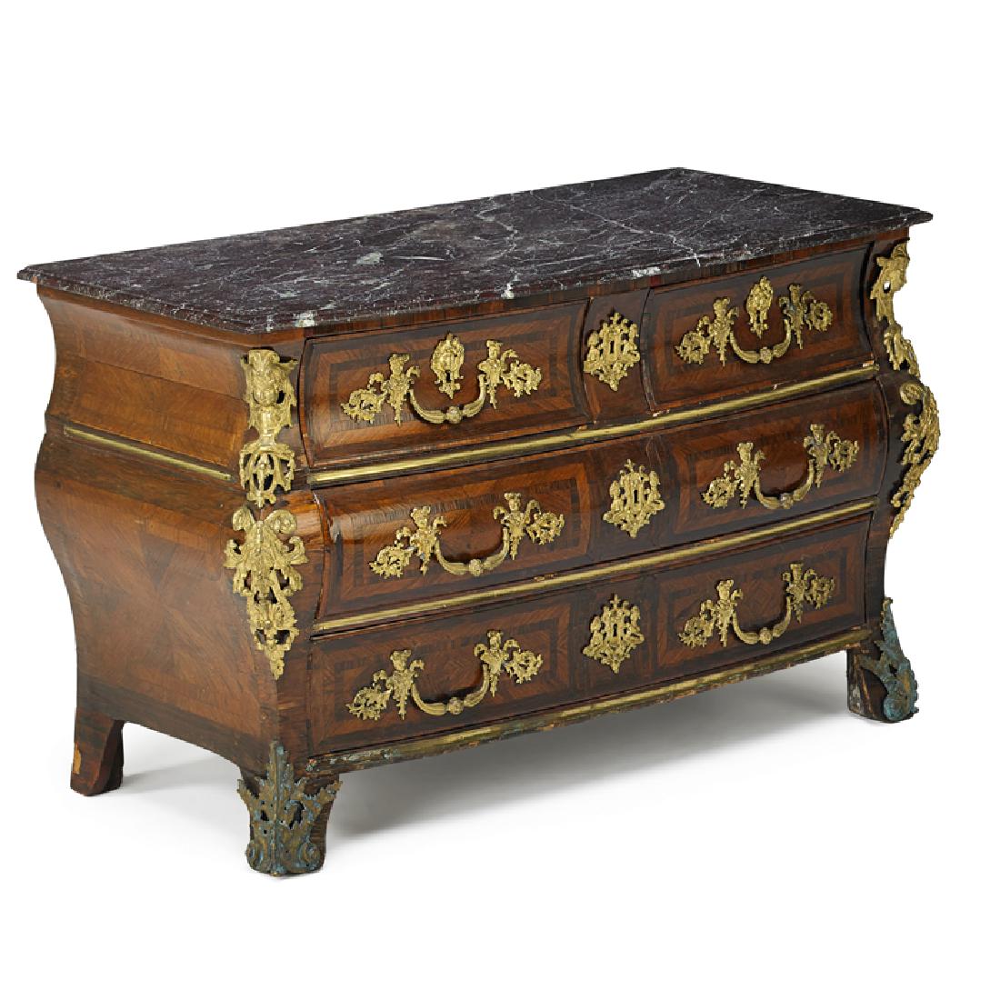 REGENCE TULIPWOOD AND KINGWOOD COMMODE: Gilt bronze mounted and brass inlay with a marble top and a bombe case, France, first quarter 18th c. 32 1/2" x 51" x 25 1/2" Provenance: Mrs. H.J. Heinz
