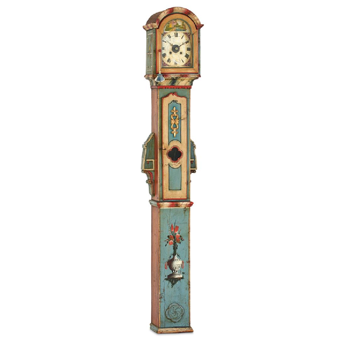 CARVED AND PAINTED WOOD TALL CASE CLOCK: Possibly German or Tyrolean, 19th c. 85"