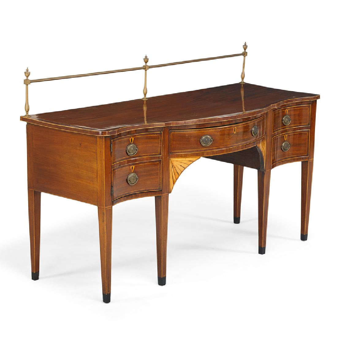 GEORGE III MAHOGANY SIDEBOARD: Serpentine outline with an arrangement of drawers and a brass gallery, England, late 18th c. With gallery: 47" x 72 1/2" x 30"