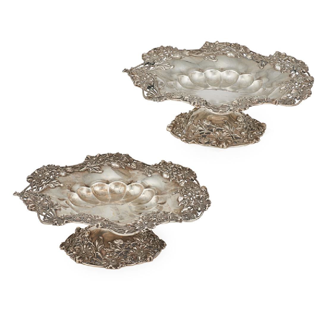 PAIR OF BLACK STARR AND FROST STERLING COMPOTES: Applied repousse Icelandic Poppy borders, gadrooned centers on floral feet, USA, late 19th c. Marked 4" x 11" 44 OT