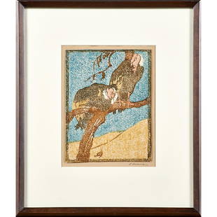 ETHEL MARS (American, 1876-1956): Vultures - Evening" and untitled (two vultures) Two woodcuts in colors (framed separately) Both signed on backing, one signed and titled to verso Larger: 8 1/2" x 6 1/2