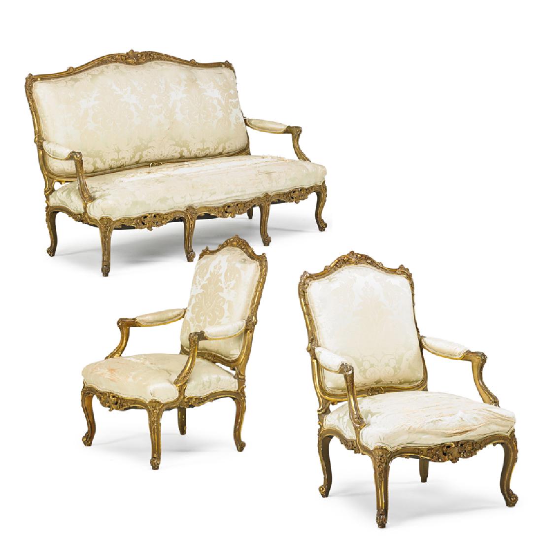 LOUIS XV STYLE THREE-PIECE SALON SET: One settee and two armchairs with padded backs and seats on cabriole legs, 19th c. Settee: 44" x 64 1/2" x 25"