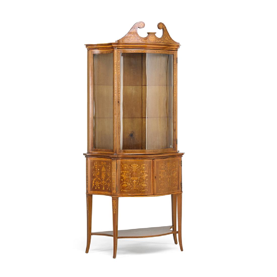 EDWARDIAN MARQUETRY INLAID VITRINE: Glazed doors, tapered legs, England, early 20th c. 81 1/2" x 38" x 18"