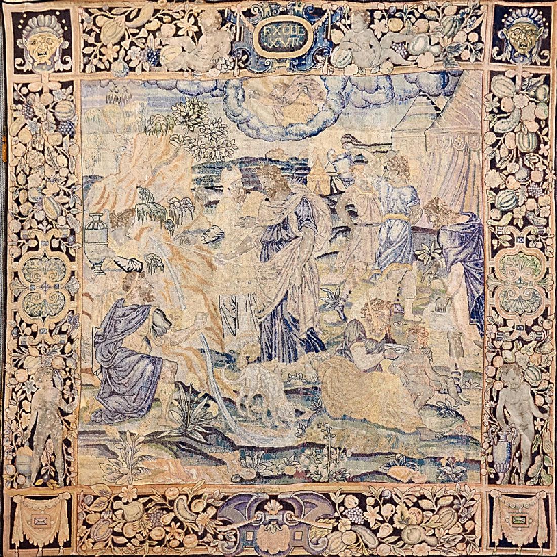 FLEMISH TAPESTRY: Pictorial tapestry exhibiting the scene from Exodus of Moses striking the rock for water, Belgium, late 18th/early 19th c. 121" square