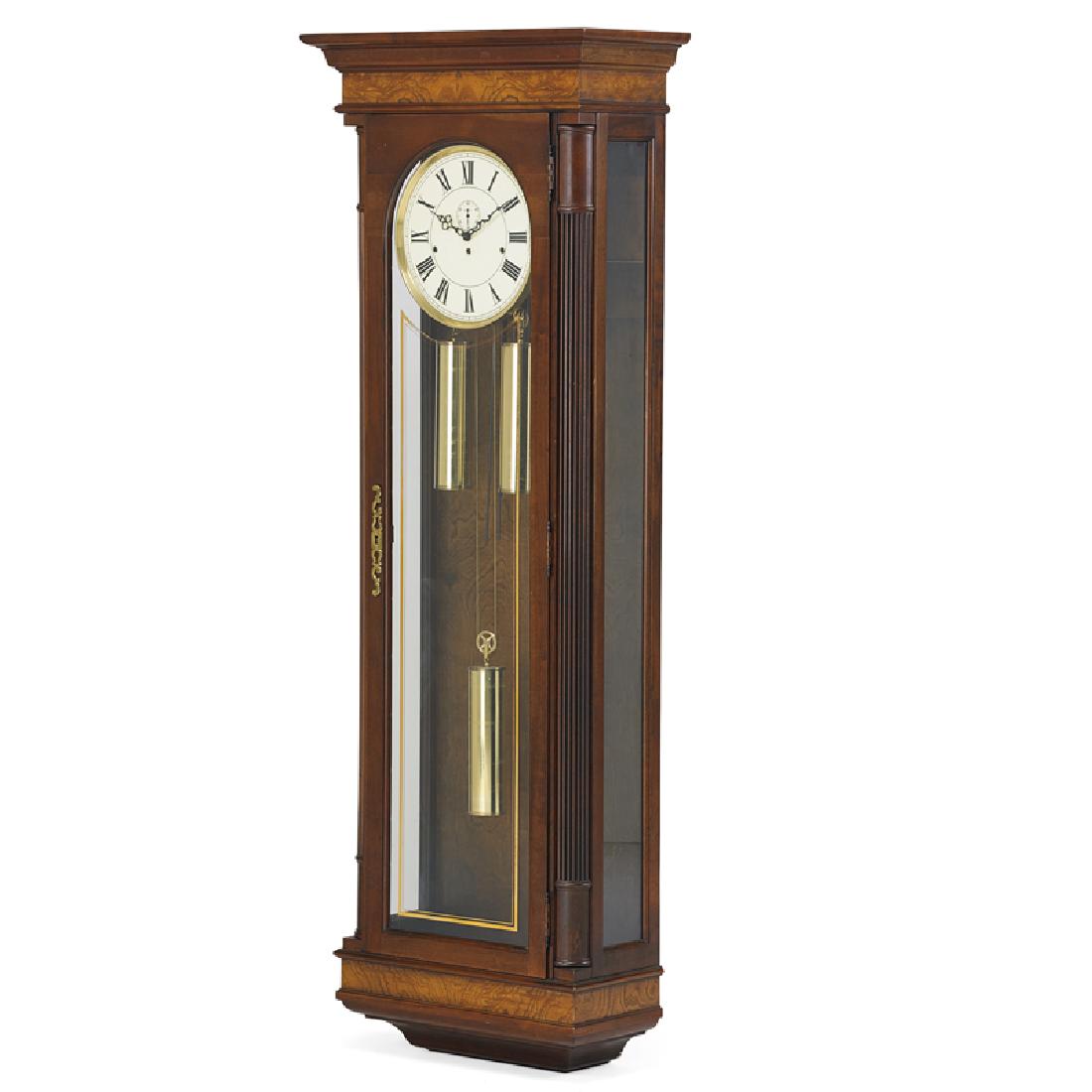 HOWARD MILLER MAHOGANY WALL REGULATOR CLOCK: Three weight, sweep second hand, USA, late 20th c. 67 1/2"