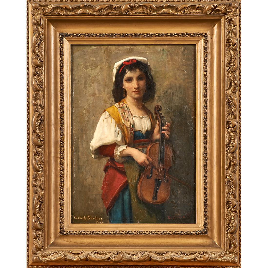ELIZABETH GARDNER BOUGUEREAU (American, 1837-1922): Untitled (girl holding a violin) Oil on canvas (framed) Signed 15" x 11"