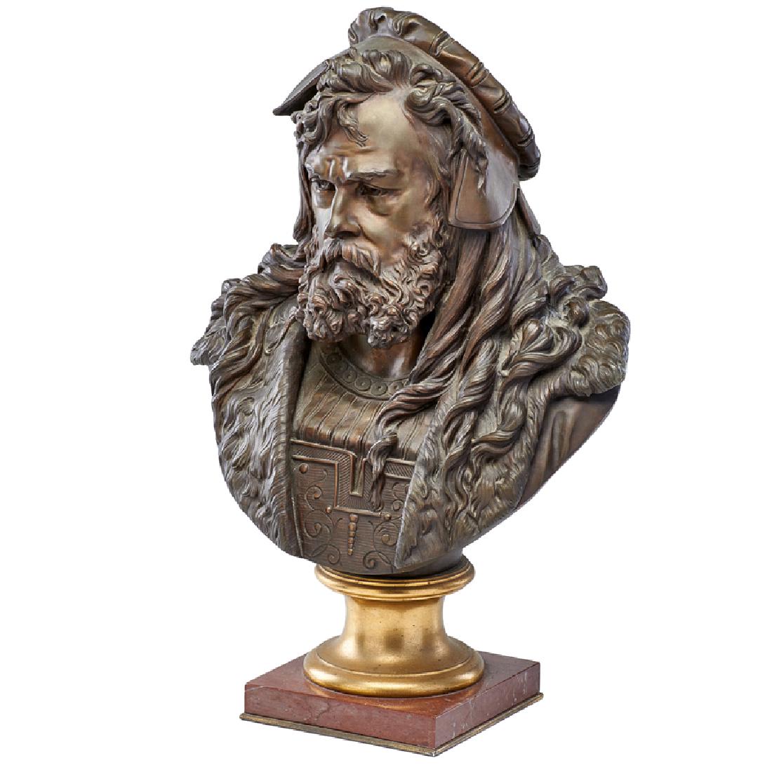ALBERT-ERNEST CARRIER-BELLEUSE (French, 1824-1887): Bronze bust of Rembrandt on marble plinth Incised "A. CARRIER" 21" x 12" x 8 1/2"
