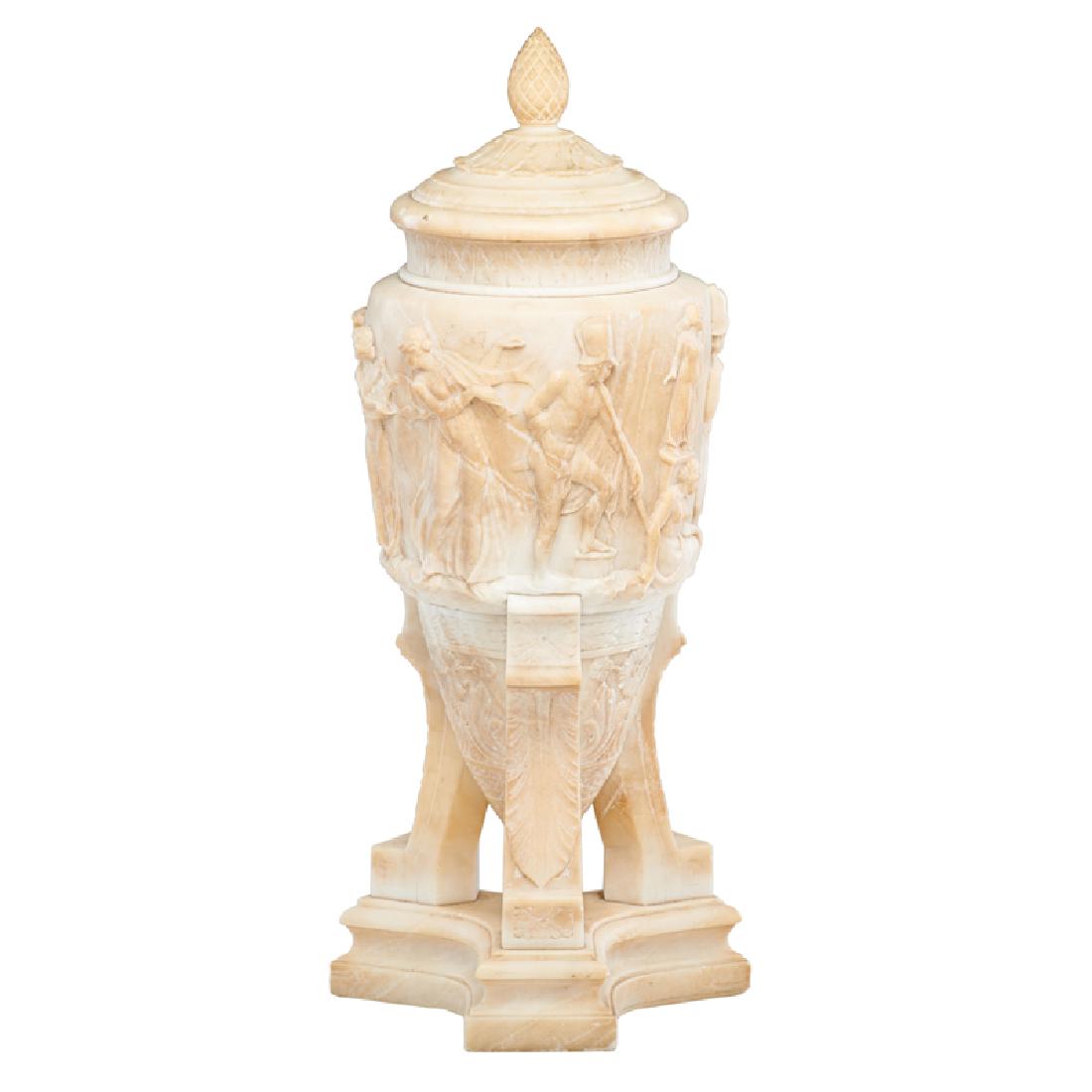 NEOCLASSICAL STYLE ALABASTER LAMP: Lidded urn with classical figures in bas relief and foliate decoration 20" x 8 1/2"