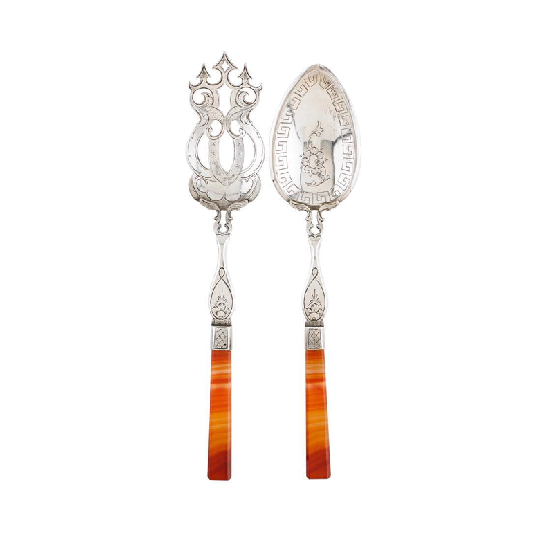 DUTCH SILVER SALAD SET WITH BANDED AGATE HANDLES: Spade and fork with engraved geometric and foliate design, inscribed "A.C. Boyer 1910 The Hague Holland" on reverse, Netherlands, late 19th/early 20th c. Marked 10 1/2" 4.8 OT total weight