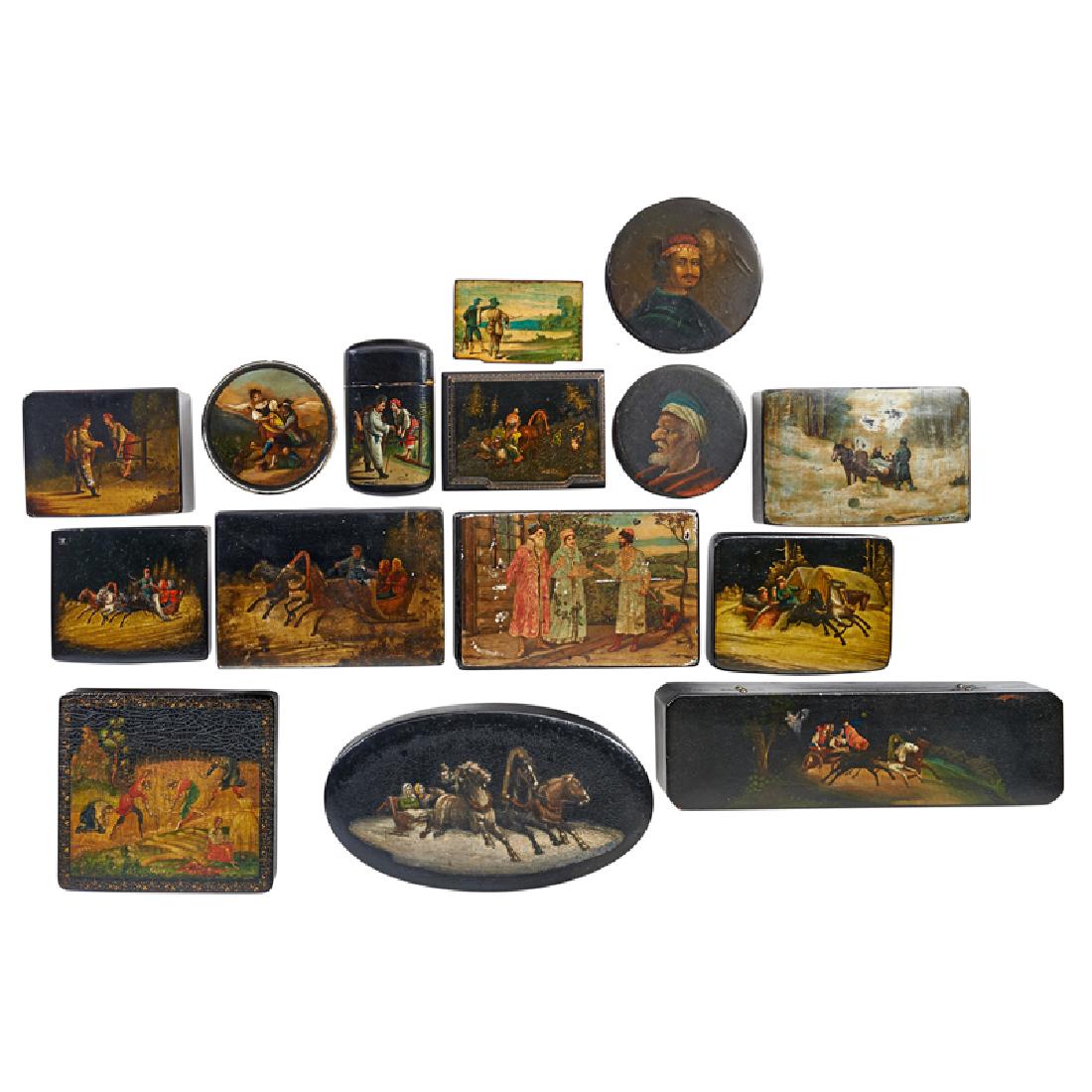 RUSSIAN LACQUER BOXES: Fifteen: Snuff boxes, caskets, and trinket boxes featuring figural genre scenes, Russia, 19th/20th c. Some marked Largest: 3 1/4" x 5 3/4" x 4"