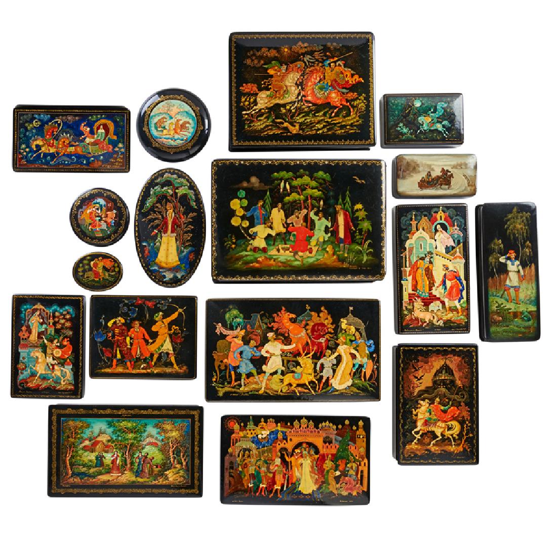 RUSSIAN LACQUER BOXES: Seventeen: Jewelry, trinket and snuff boxes, all decorated with figural genre scenes, Russia, mid to late 20th c. Some marked Largest: 2 1/4" x 8" x 5 1/2"