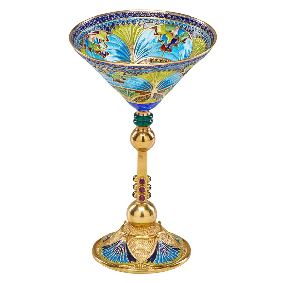 VALERI TIMOFEEV PLIQUE A JOUR MARTINI GLASS: Gilt silver mounted glass with polychrome fan detailing with hardstone cabochons on stem and on underside, USA, late 20th c. Raised mark 5 3/4" x 3 1/4" dia.