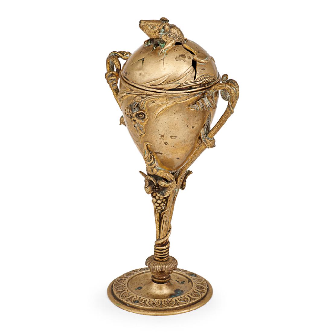 FIGURAL BRONZE CUP WITH COVER: Egg form cup with grapevine handles and base with rat breaking through cover, France, ca. 1900 Marked "JJ" on underside 9 3/4" x 5 1/2" dia. Provenance: Collection of Alan Olswing and Douglas Crowell
