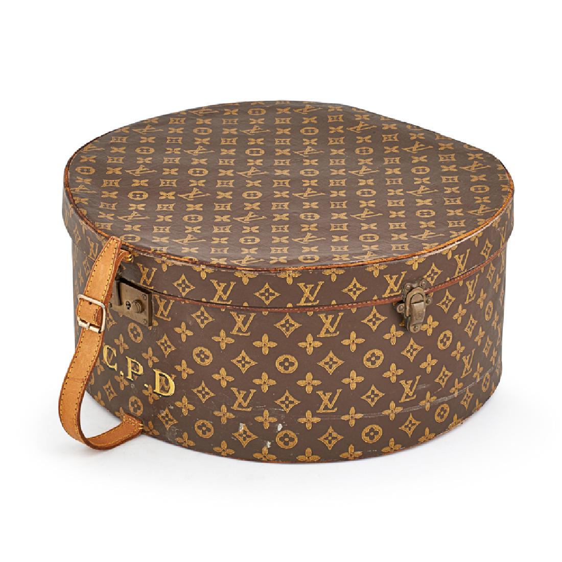 LOUIS VUITTON "MONOGRAM CANVAS": Hat box with initials C.P.D., serial number 841249, along with calendar cover, each with signature monogram canvas and leather accents 8 1/4" x 18" x 17 1/4"