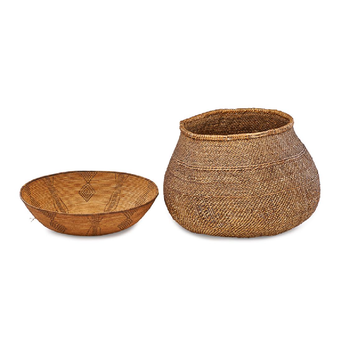 SOUTHWEST NATIVE AMERICAN BASKETS: Two: A large storage basket from the Hualapai or Havasupai tribe and a finely woven tray with linear and diamond design from the Southwest/Apache tribe, USA, late 19th/early 20th c. Larger: 11" x 14 1