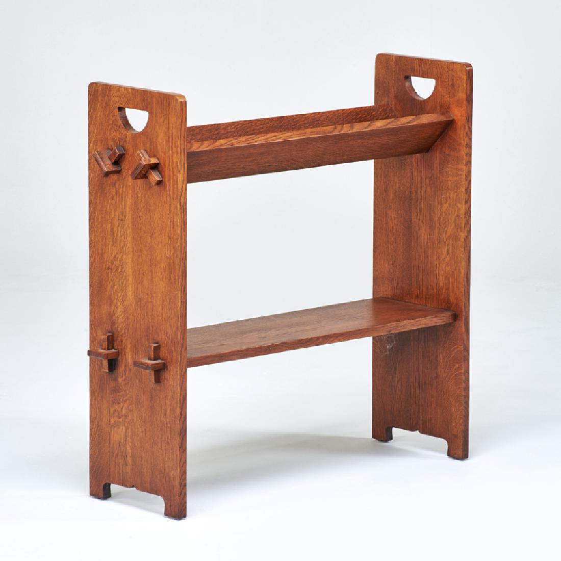 STICKLEY; E.J. AUDI: Contemporary book trough in the style of L. & J.G. Stickley, Manlius, NY, 1990s, Quartersawn oak; 31" x 29 1/2" x 10"