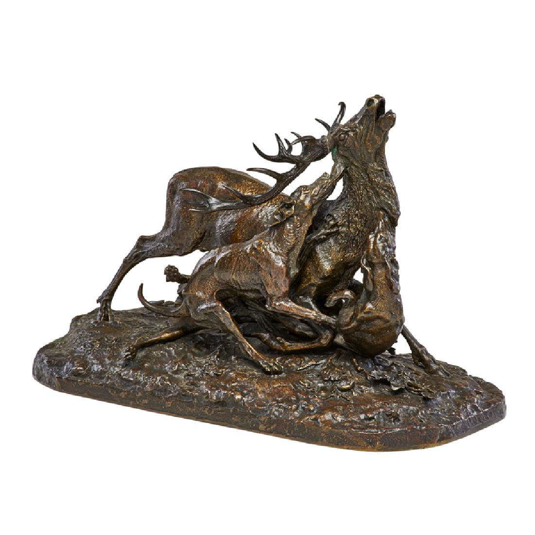 AFTER PIERRE JULES (P.J.) MENE (French, 1810-1879): Bronze; "Die Hirschhatz"; Signed "P.J. Mene"; 12" x 17" x 9"