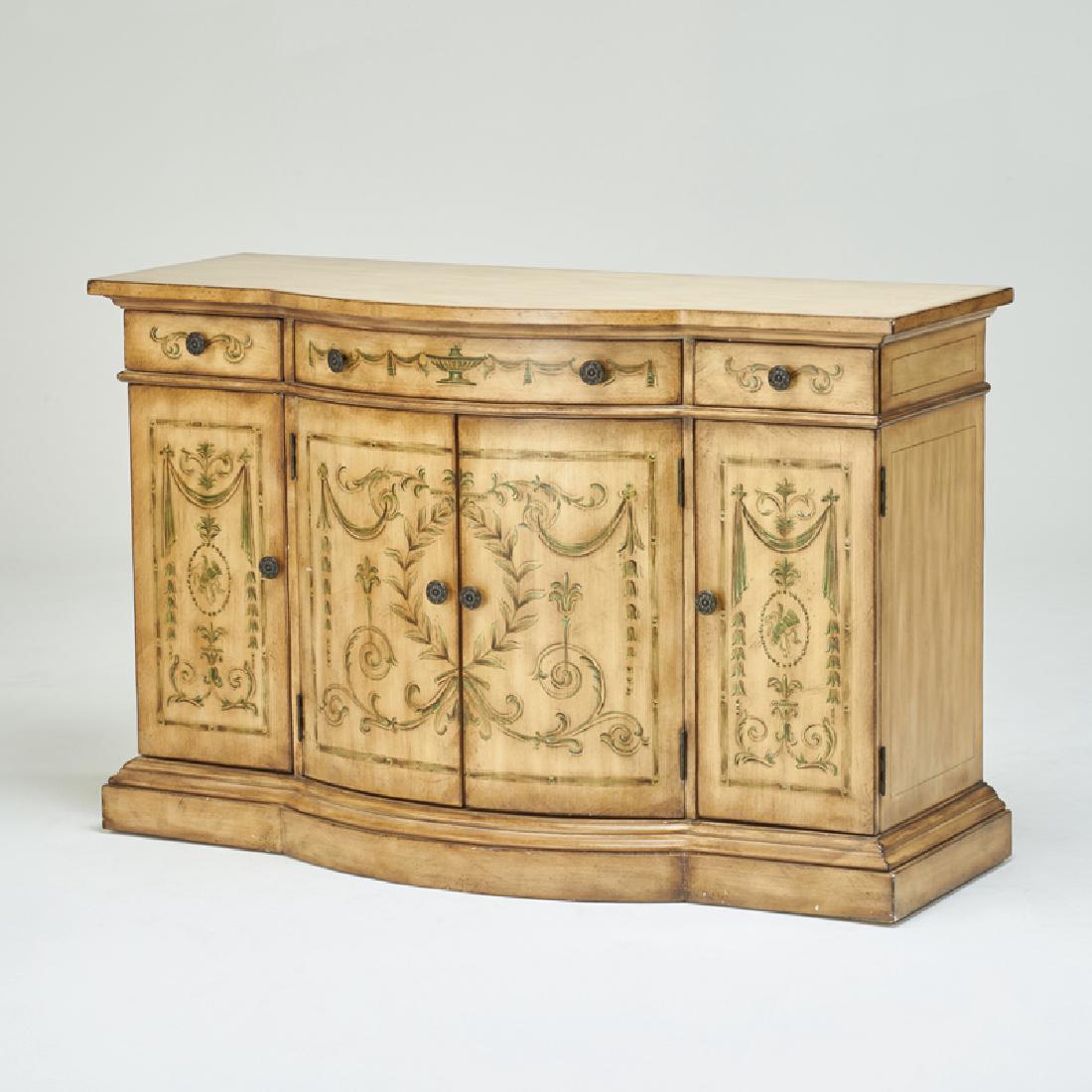 PROVINCIAL STYLE: Bow-front sideboard with antiqued and stenciled finish, USA, late 20th c.; Enameled wood, patinated metal hardware; Unmarked; 36" x 56" x 22"