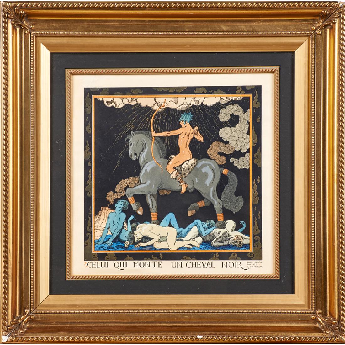GEORGES BARBIER (French, 1882-1932): Lithograph in colors; "Celui qui Monte un Cheval Noir," 1916 (framed); Unmarked; 13 1/4" x 13 1/2" (sheet)