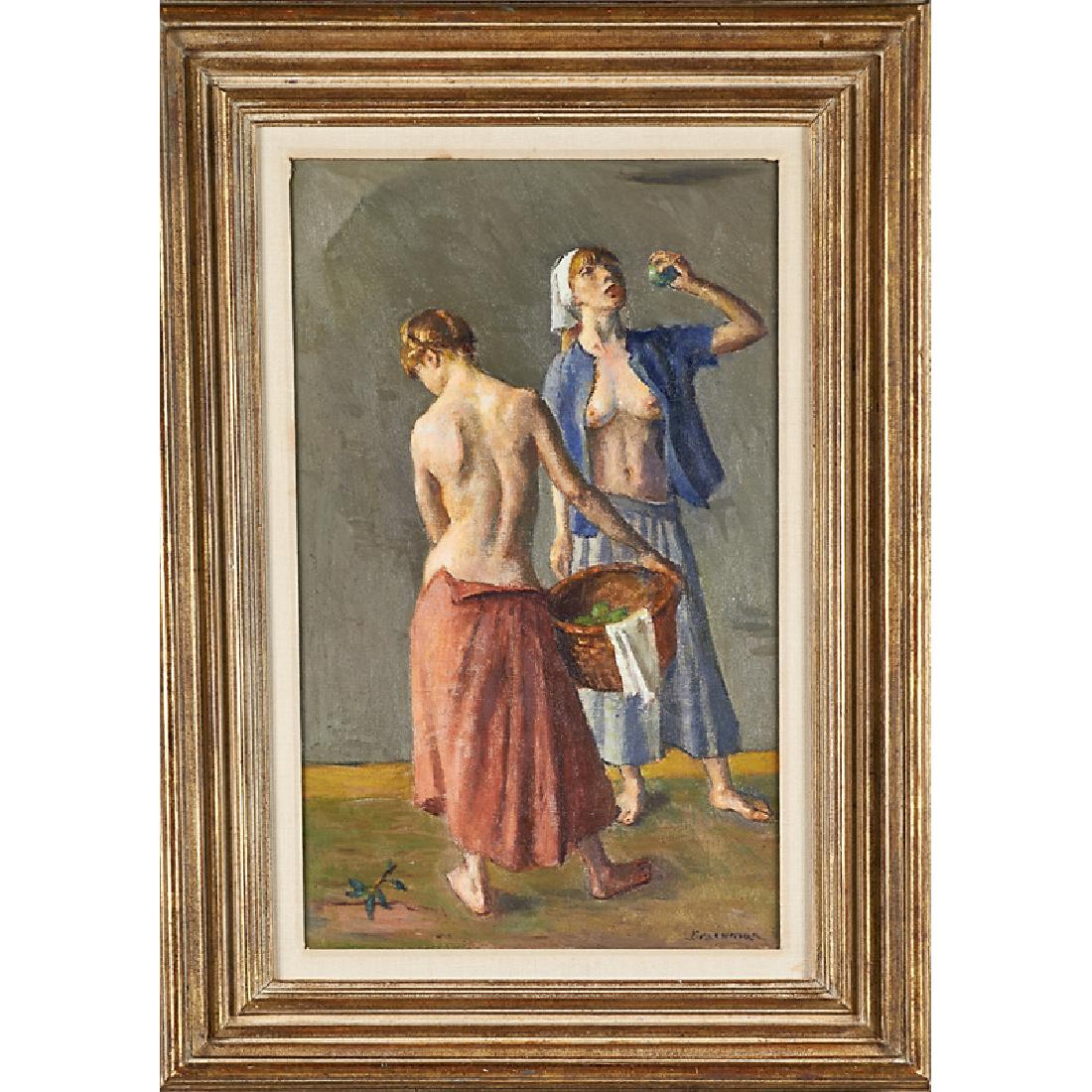 ROBERT BRACKMAN (American, 1898-1980): Oil on canvas; "Two Figure Composition" (framed); Signed to recto, titled to verso; 20" x 12"