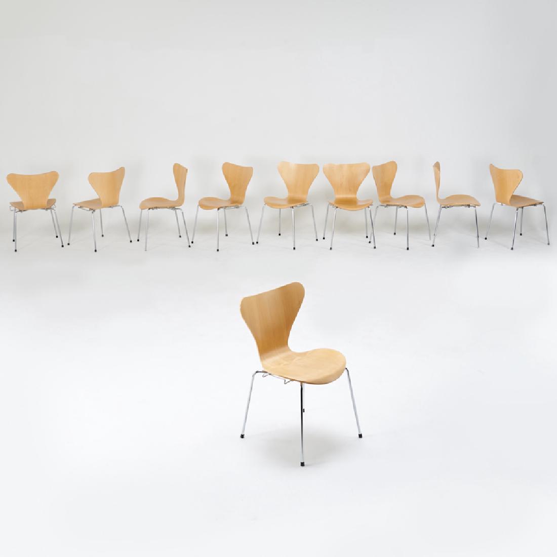 ARNE JACOBSEN; FRITZ HANSEN/KNOLL STUDIOS: Ten Sevner chairs, Denmark, 2000s; Chromed steel, birch plywood; Manufacturer labels; 31" x 19" x 19"