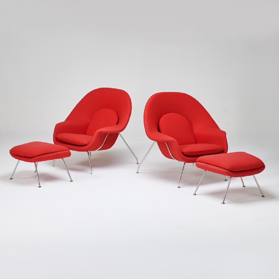 STYLE OF EERO SAARINEN: Pair of Womb-type chairs and matching ottomans, ca. 1990; Wool, chromed steel; Unmarked; 38" x 40" x 36"