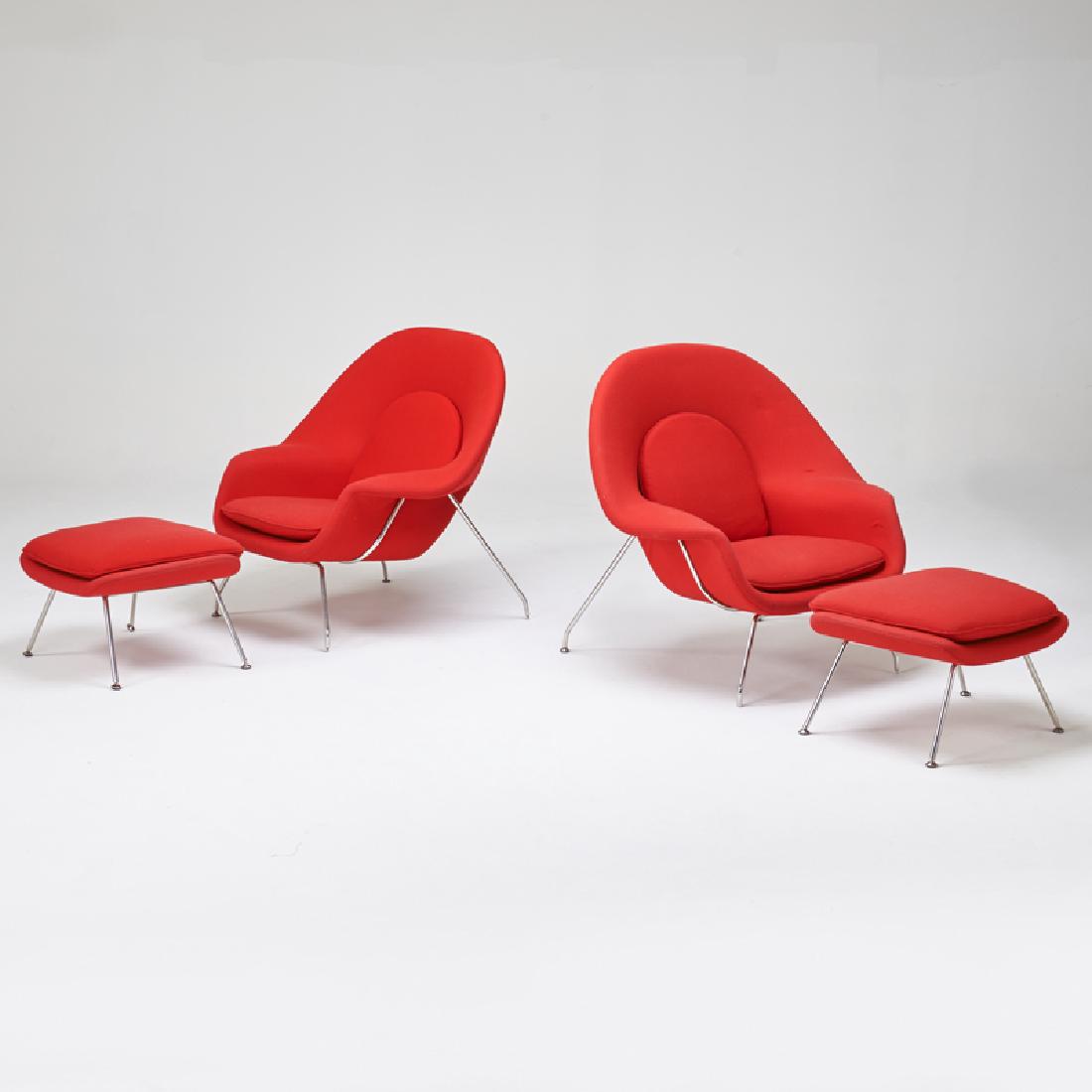 STYLE OF EERO SAARINEN: Pair of Womb-type chairs and matching ottomans, ca. 1990; Wool, chromed steel; Unmarked; 38" x 40" x 36"