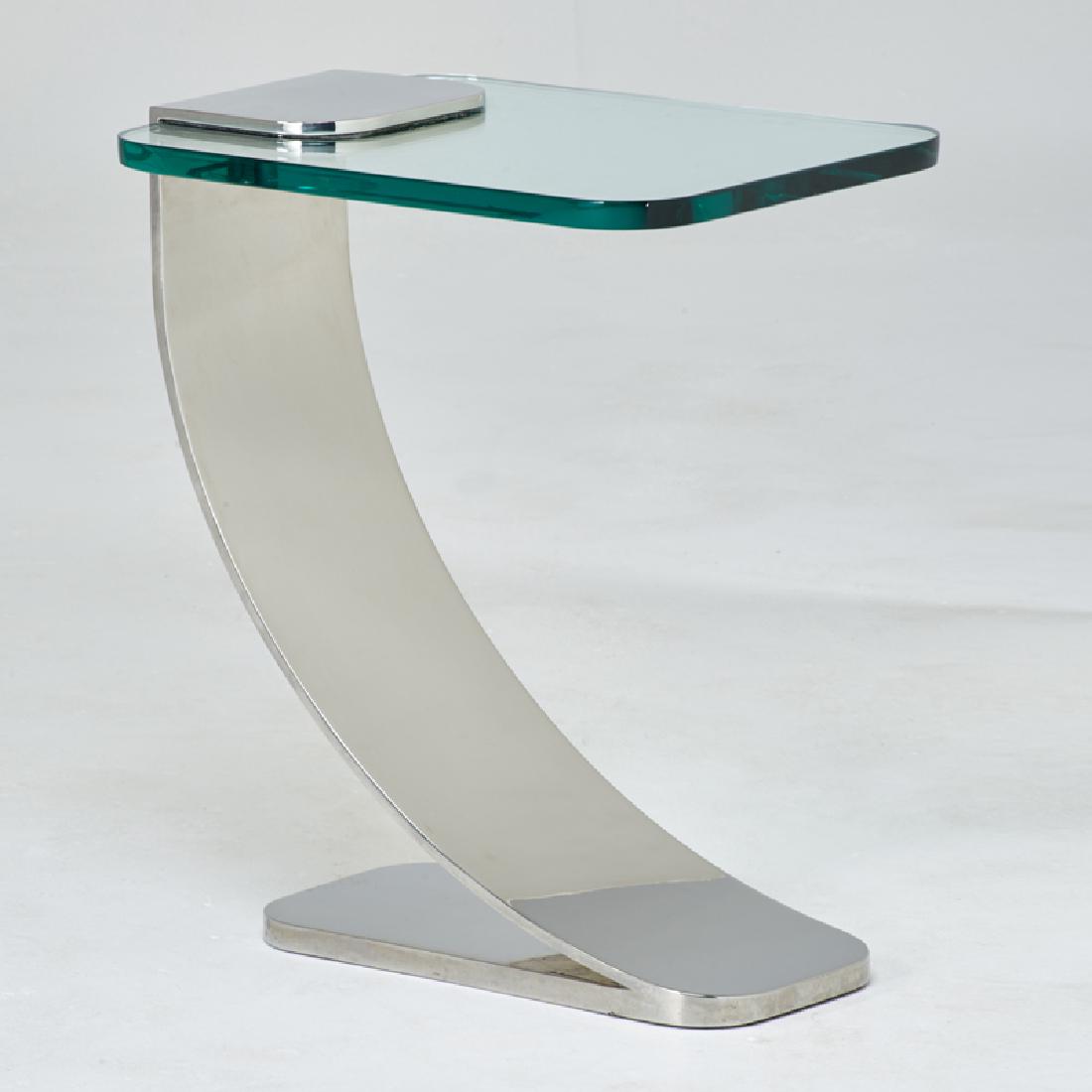 BRUETON: Cantilevered side table, USA, 1990s; Chromed steel, glass; Unmarked; 22 1/2" x 18 1/2" x 14"