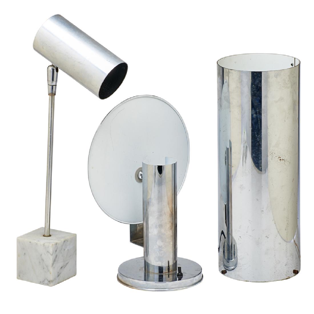 SONNEMAN; KOVACS, KOVACS, W. SCHNEPEL; TECHNOLUMEN: Three chromed metal table lamps: adjustable with marble base, cylindrical up-light and "De Stijl" with enameled disk diffuser, USA/Germany, 20th c.; All but Sonneman with manufacturers labels; Tallest