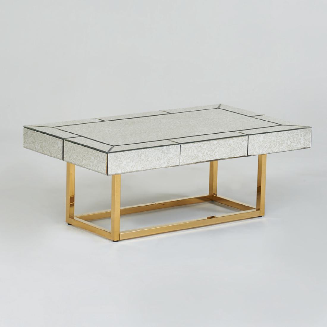CONTEMPORARY: Coffee table, 2000s; Brass, beveled and antiqued mirrored glass; Unmarked; 18 1/2" x 47" x 27 1/2"